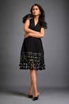 Deepika Arora_Black Ponte Roma Geometric V Neck Applique Hem Dress _Online_at_Aza_Fashions