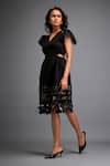 Shop_Deepika Arora_Black Ponte Roma Geometric V Neck Applique Hem Dress _Online_at_Aza_Fashions