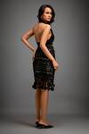 Shop_Deepika Arora_Black Ponte Roma Geometric Plunging Halter Neck Top And Metallic Skirt Set_at_Aza_Fashions
