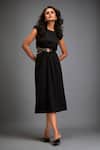 Deepika Arora_Black Poplin Buckles Round Neck Belted Cutout Midi Dress _Online_at_Aza_Fashions