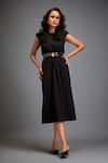 Buy_Deepika Arora_Black Poplin Buckles Round Neck Belted Cutout Midi Dress _at_Aza_Fashions
