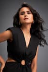 Buy_Deepika Arora_Black Ponte Roma Geometric V Neck Midi Dress _Online_at_Aza_Fashions