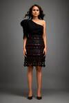 Deepika Arora_Black Crepe Cut Work Asymmetric One-shoulder Top And Geometric Applique Skirt Set _Online_at_Aza_Fashions