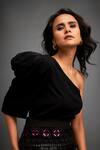 Shop_Deepika Arora_Black Crepe Cut Work Asymmetric One-shoulder Top And Geometric Applique Skirt Set _Online_at_Aza_Fashions