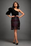 Deepika Arora_Black Crepe Cut Work Asymmetric One-shoulder Top And Geometric Applique Skirt Set _at_Aza_Fashions