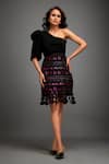 Buy_Deepika Arora_Black Crepe Cut Work Asymmetric One-shoulder Top And Geometric Applique Skirt Set _at_Aza_Fashions