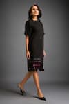 Deepika Arora_Black Polyester Cut Work Round Neck Geometric Applique Midi Dress With Belt _at_Aza_Fashions