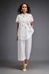 Buy_Deepika Arora_White Cotton Gota Patti Mandarin Gunmetal Disk Embellished Shirt And Pant Set _at_Aza_Fashions