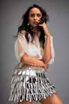 Deepika Arora_White Vegan Leather Metallic Leaf Collar Neck Sheer Shirt And Skirt Set _Online_at_Aza_Fashions