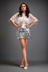 Deepika Arora_White Vegan Leather Metallic Leaf Collar Neck Sheer Shirt And Skirt Set _at_Aza_Fashions