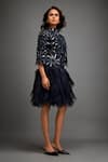 Shop Deepika Arora Blue Vegan Leather 3d Bloom Applique High Neck Embellished Ruffled Dress Online at Aza Fashions Shop_Deepika Arora_Blue Vegan Leather 3d Bloom Applique High Neck Embellished Ruffled Dress _Online_at_Aza_Fashions