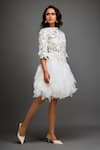 Shop_Deepika Arora_White Vegan Leather 3d Floral Applique High Neck Embellished Ruffled Dress _Online_at_Aza_Fashions