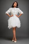 Deepika Arora_White Vegan Leather 3d Floral Applique High Neck Embellished Ruffled Dress _at_Aza_Fashions