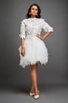 Buy_Deepika Arora_White Vegan Leather 3d Floral Applique High Neck Embellished Ruffled Dress _at_Aza_Fashions