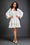 Buy_Deepika Arora_White Crepe V-neck 3d Geometric Applique Layered Dress _at_Aza_Fashions
