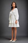 Shop_Deepika Arora_White Crepe V-neck 3d Geometric Applique Layered Dress 