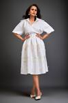 Buy Deepika Arora White Scuba Floral Collar Neck Bloom Applique Midi Dress With Belt at Aza Fashions Buy_Deepika Arora_White Scuba Floral Collar Neck Bloom Applique Midi Dress With Belt_at_Aza_Fashions