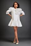 Buy_Deepika Arora_White Taffeta Metallic Thread High Neck Applique Ruffled Hem Dress _at_Aza_Fashions
