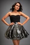 Buy_Deepika Arora_Black Vegan Leather Off Shoulder Bustier Top With Metallic Cutwork Balloon Skirt _Online_at_Aza_Fashions