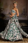 Buy_DiyaRajvvir_Green Organza, Crepe, Linen Embroidery One Shoulder Bloom Print Lehenga Set _Online_at_Aza_Fashions