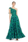 Buy_Mac Duggal_Green Polyester Ruffles Asymmetric Floral One Shoulder Gown _at_Aza_Fashions