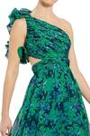Mac Duggal_Green Polyester Ruffles Asymmetric Floral One Shoulder Gown _Online_at_Aza_Fashions