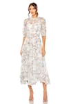 Buy_Mac Duggal_White Polyester Ruffles Round Neck Floral Printed Midi Dress _at_Aza_Fashions