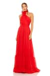 Buy_Mac Duggal_Red Polyester Embroidery Halter Neck Floral Applique Gown _at_Aza_Fashions