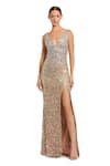 Buy_Mac Duggal_Gold Polyester Sequin, Bead Plunging V Neck And Embroidered Gown _at_Aza_Fashions