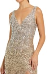 Buy_Mac Duggal_Gold Polyester Sequin, Bead Plunging V Neck And Embroidered Gown _Online_at_Aza_Fashions