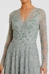 Mac Duggal_Grey Polyester Sequin V Neck Garden Embroidered Wrap Gown _Online_at_Aza_Fashions