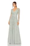 Buy_Mac Duggal_Grey Polyester Sequin V Neck Garden Embroidered Wrap Gown _at_Aza_Fashions