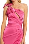 Mac Duggal_Pink Polyester Crystal One Shoulder Neck Bow Embellished Gown _Online_at_Aza_Fashions