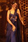 Shop_Maisolos_Blue Raw Silk, Georgette Mirror Sweetheart Tiered Pre-draped Ruffle Saree Set _Online_at_Aza_Fashions