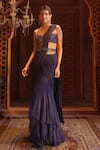 Buy_Maisolos_Blue Raw Silk, Georgette Mirror Sweetheart Tiered Pre-draped Ruffle Saree Set _at_Aza_Fashions