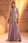 Buy_Maisolos_Purple Georgette Embroidery Split Cutdana Floral Peplum Jacket And Sharara Set _at_Aza_Fashions