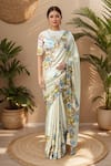 Buy_Anamika Khanna_Beige Printed Floral Round Saree With Blouse _at_Aza_Fashions