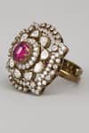 Karisa Designs_Red Semi Precious Stone, Moissanite Polki Raani Victorian Embellished Ring _Online_at_Aza_Fashions