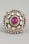 Buy_Karisa Designs_Red Semi Precious Stone, Moissanite Polki Raani Victorian Embellished Ring _at_Aza_Fashions