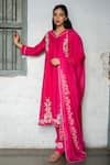 Buy_Tilsim by Sagarika Mehrotra_Pink Mul Chanderi Embroidery Rosette V Neck Saanvi Kurta Pant Set _at_Aza_Fashions