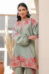 Buy_Label Niti Bothra_Green Silk, Tencel Embroidery Mandarin Floral Print Tunic And Flared Pant Set _Online_at_Aza_Fashions