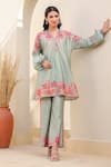 Buy_Label Niti Bothra_Green Silk, Tencel Embroidery Mandarin Floral Print Tunic And Flared Pant Set _at_Aza_Fashions