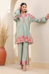 Shop_Label Niti Bothra_Green Silk, Tencel Embroidery Mandarin Floral Print Tunic And Flared Pant Set _Online_at_Aza_Fashions