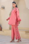 Buy_Label Niti Bothra_Pink Silk, Tencel Embroidery Mandarin Garden Print Tunic And Flared Pant Set _Online_at_Aza_Fashions