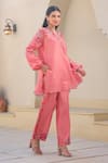 Shop_Label Niti Bothra_Pink Silk, Tencel Embroidery Mandarin Garden Print Tunic And Flared Pant Set _Online_at_Aza_Fashions