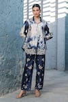 Label Niti Bothra_Blue Silk, Chanderi Embroidery Collared Shibori Pattern Shirt And Pant Set _at_Aza_Fashions