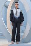Shop_Label Niti Bothra_Black Silk, Chanderi Embroidery Mandarin Collar Ombre Tie-up Top And Pant Set _at_Aza_Fashions