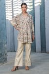 Label Niti Bothra_Ivory Silk, Chanderi Embroidery V-neck Floral Shirt Tunic And Pant Set _at_Aza_Fashions