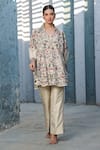 Shop_Label Niti Bothra_Ivory Silk, Chanderi Embroidery V-neck Floral Shirt Tunic And Pant Set 
