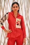 Buy_The Dramebaaz Co_Red Chanderi Embroidery Bead Collar Neck Floral Patch Shirt _at_Aza_Fashions